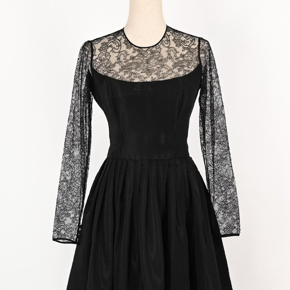 Vintage 90s Black Heavy Taffeta Lace JACQUES FATH PARIS Long Sleeve Formal Dress
